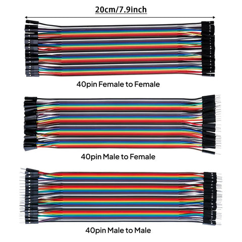 Dupont Jumper Wire Kit 20 Cm Multicolor Ribbon Cables 2 Pack M To F, F To F, M To M showing 40-pin sets and dimensions