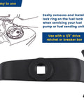 Pro Grade Fuel Tank Lock Ring Tool For Quick Fuel Pump Sender Removal And Installation Universal Car Repair Kit Fits Jeep Wrangler Dodge Ram Chevy Silverado Ford Nissan Hyundai Santa Fe And More shown with instructional diagram for use.