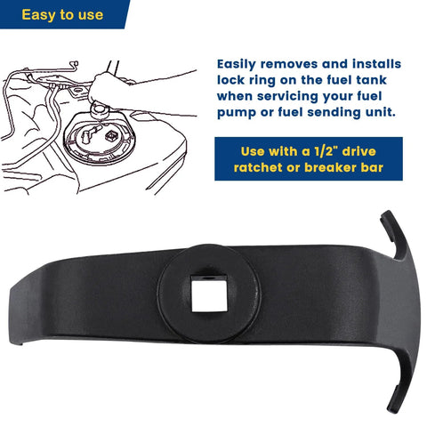 Pro Grade Fuel Tank Lock Ring Tool For Quick Fuel Pump Sender Removal And Installation Universal Car Repair Kit Fits Jeep Wrangler Dodge Ram Chevy Silverado Ford Nissan Hyundai Santa Fe And More shown with instructional diagram for use.