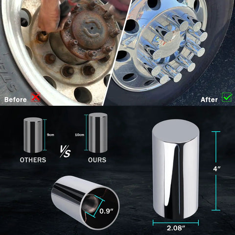 Before and after of 60 Pcs 33mm Lug Nut Covers Kit Premium ABS Chrome Screw On Nut Cover Caps Standard Flanged For Semi Trucks Trailers.