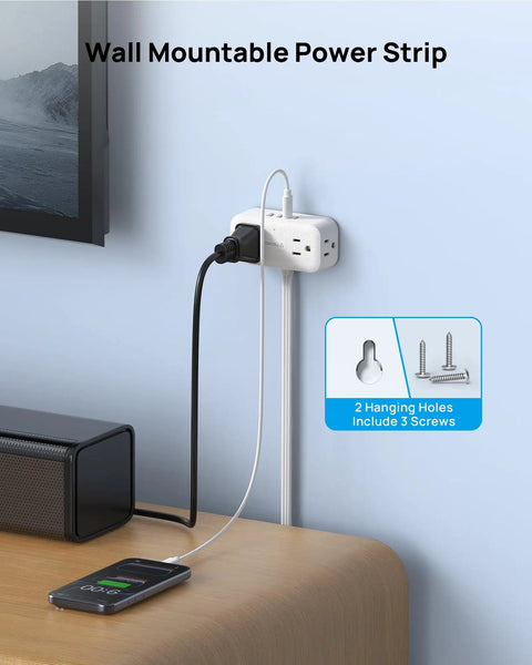 Compact 360 Rotating Flat Plug Power Strip With 5 Foot Cord, Four Widely Spaced Outlets, Heavy Duty Surge Guard mounted on wall.