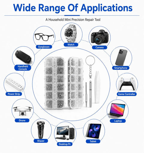 Stainless Steel Glasses Screws And Sunglasses Repair Kit 600 Piece Set displayed with tools for eyeglasses, laptops and more.