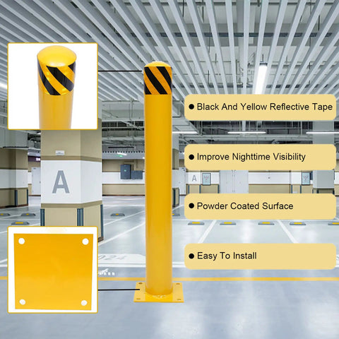 Beefy Yellow Bolt Down Safety Bollard Post 36 Inch Steel Barrier Detail with Reflective Tape and Anchor Base