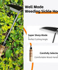 Japanese Weeding Sickle Hoe Garden Tool with high-carbon steel blade and wooden handle displayed on green foliage background.