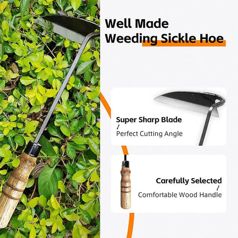 Japanese Weeding Sickle Hoe Garden Tool with high-carbon steel blade and wooden handle displayed on green foliage background.