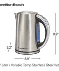 Side view of Hamilton Beach 1.7 Liter Temperature Control Electric Kettle with 6 presets, 1500W fast boil, stainless steel.
