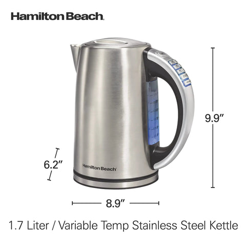 Side view of Hamilton Beach 1.7 Liter Temperature Control Electric Kettle with 6 presets, 1500W fast boil, stainless steel.