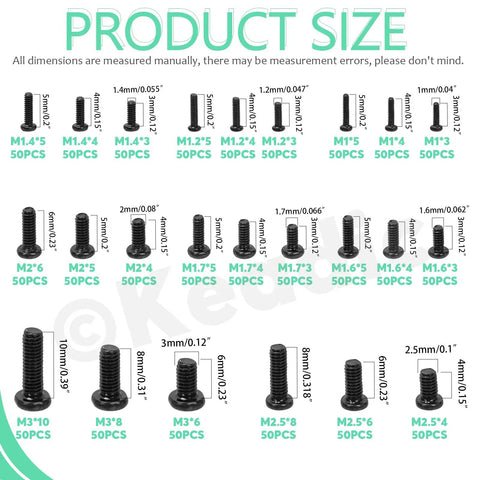1200 Piece Pan Phillips Cross Head Screw Kit with multiple screw sizes for electronics and DIY projects, black finish, M1 to M3