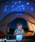 Child using Kids Night Light Projector With USB Cable, 360 Degree Rotating Star Sky Lamp projecting stars inside a tent.