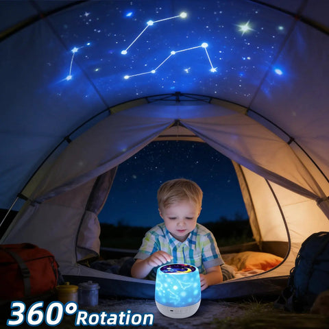 Child using Kids Night Light Projector With USB Cable, 360 Degree Rotating Star Sky Lamp projecting stars inside a tent.