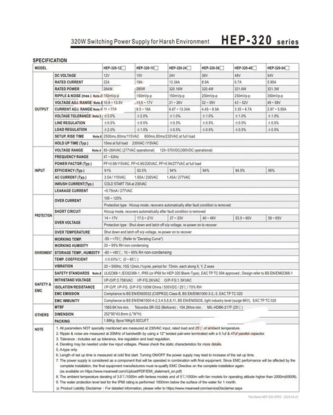 Beefy 320W Switching Power Supply For Industrial Electronics Series Including 12A, 15A, 24A, 36A And 48A Models, Rock Solid Drive Power Unit, Efficient, Stable, And Easy Hookup. HEP-320 spec sheet