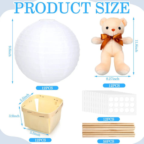 12 Sets Baby Shower Hot Air Balloon Table Centerpieces DIY Paper Lanterns Stuffed Plush Bears Wooden Baskets Wedding Birthday Gender Reveal beige white solid kit showing components and sizes