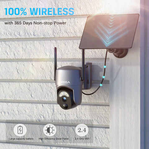 2 Pack Wireless Outdoor Security Cameras 2K 360 Degree PTZ Solar Powered With Spotlight And Siren Color Night Vision AI Motion Detection Two Way Talk 2.4G WiFi IP66 Weatherproof mounted with solar panel