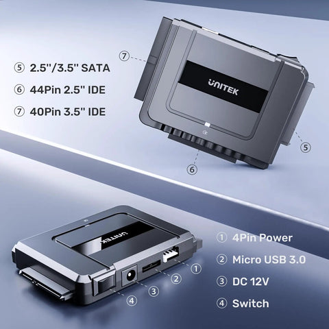 Dual Drive USB C SATA IDE Adapter For 2.5 And 3.5 Inch HDDs SSDs And Optical Drives Lets You Run One SATA And One IDE At The Same Time With Easy Plug And Play, black adapter view