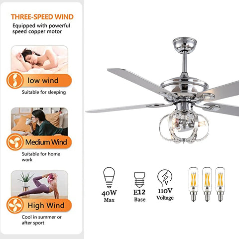 WEvalMC Ceiling Fan Chandelier 52 Inch with Wireless Operation, 5 Blades, 3-speed settings and stylish design.