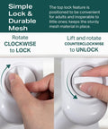 Close-up of lock mechanism for Retractable Baby Gate With Mesh For Quick Room Conversion And Kid Friendly Living Extends 0 To 55 Inches Wide And 33 Inches High Sturdy Locking Design For Stairs Doors And Hallways Space Saving Indoor Outdoor Pet And Baby Safety Gate.