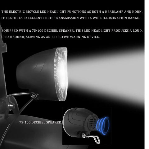 All-In-One Front Bike Light With 75-100dB Horn, Waterproof 3-Pin Connector showcasing beam and horn close-up