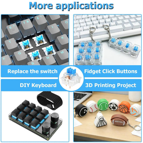 90 Pack Blue Keyboard Clicky Mechanical Switches for 3D Printer Projects and DIY Keyboards Includes 5 Keycaps Replacement Kit for Mechanical Keyboard Nerds and Fidget Clicker Builders, blue switches on keyboards and keychains