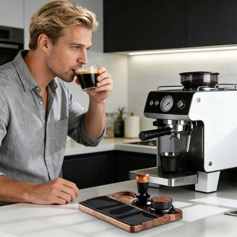 Man enjoying coffee beside Heavy Duty Wooden Espresso Tamper Station Holder Fits 51mm To 58mm Portafilters in kitchen.