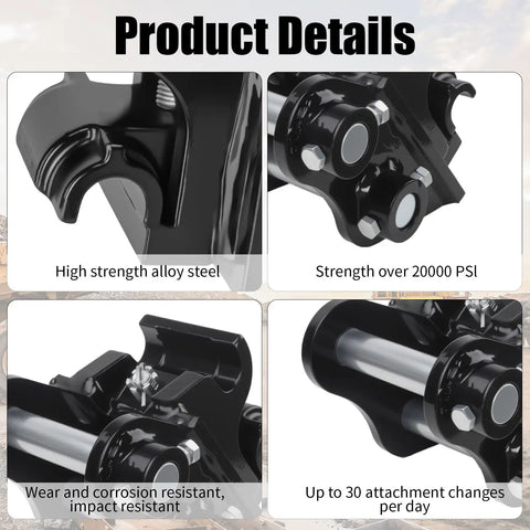 Close-up of Universal Quick Change Mini Excavator Attachment Connector for Small Diggers, high-strength alloy steel, impact-resistant.