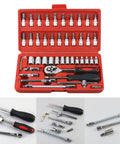 Heavy Duty Motorcycle And Electric Bike Repair Kit 46-Piece Set With Sturdy Carrying Case displayed with tools organized