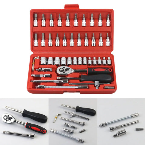 Heavy Duty Motorcycle And Electric Bike Repair Kit 46-Piece Set With Sturdy Carrying Case displayed with tools organized