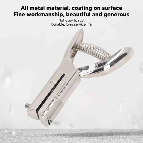 Heavy Duty Handheld Hole Punch 6mm Diameter Metal Construction Punches Up To 20 Sheets Ideal For PVC Cards ID Cards And Membership Cards Office Or Home Use With Durable Build And Works Like A Champ, close-up front view showing metal construction and spring mechanism.