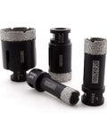 Front view of DT-DIATOOL diamond core drill bits set for tile; four sizes 19/25/32/51 mm; diamond-coated.