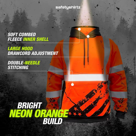American Grit High Visibility Hoodie For Men, Class 3 Type R, ANSI ISEA 107-2020 Compliant, Heavy Duty Polyester With Soft Combed Fleece Interior, Orange, X Large shown in neon orange with reflective stripes and features highlighted.
