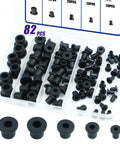 Kickass Rubber Grommet Kit Including 82 Durable Wire And Cable Protectors That Snap On Quick And Shield Your Harnesses From Daily Wear While Keeping Things Tight Across Five Sizes For Easy Car Or Home Setup, showing various sizes of black silicone grommets.