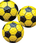 Bright Yellow Soccer Golf Balls Set Of 12 With 360 Degree Soccer Design, close-up showing hexagonal pattern and detailing.