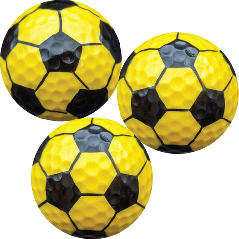 Bright Yellow Soccer Golf Balls Set Of 12 With 360 Degree Soccer Design, close-up showing hexagonal pattern and detailing.