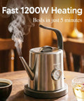 Gooseneck Electric Kettle With Thermometer, 1 Liter, 304 Stainless Steel, Auto Shut Off, 1200W For Barista-Grade Pour Over Coffee And Tea