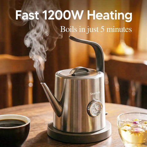 Gooseneck Electric Kettle With Thermometer, 1 Liter, 304 Stainless Steel, Auto Shut Off, 1200W For Barista-Grade Pour Over Coffee And Tea