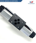 Angled front view of electric solenoid hydraulic directional valve, 4-way 3-position, 4 ports, size-6, metal body with black end caps
