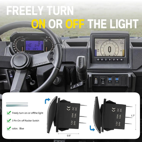 2 Pcs UTV Rocker Switch 12V 20A 3 Pin Blue LED Marine Rocker Switch For Polaris RZR Ranger XP SXS Maverick X3 ATV Golf Cart Boat Rear Light Toggle Switch With Jumper Wires installed in UTV dash, 0.9 x 1.7 in