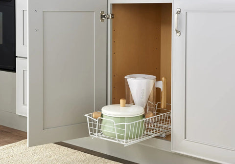 Top Shelf Pull Out Cabinet Organizer, Heavy Duty Pantry Drawer Rack For Kitchen Laundry Room, Rock Solid Slide Out Storage Rack For Pots Towels And Cleaning Supplies, Clean White with pots and kitchen tools visible.
