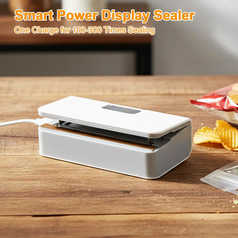 Mini Bag Sealer 2 In 1 Heat Sealer And Cutter With Rechargeable Battery And LED Display on wooden table with snacks.