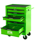Heavy Duty 21 Inch Lockable Rolling Tool Cabinet With Ball Bearing Slides Sturdy Steel Worktop And Park Lock Casters For No Fuss Garage Organization Green with 5 drawers.