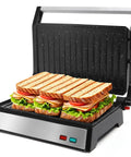 Aigostar 1200W Panini Press Sandwich Maker With Ceramic Non Stick Plates Opens 180 Degrees For Indoor Grilling, grilling sandwiches.