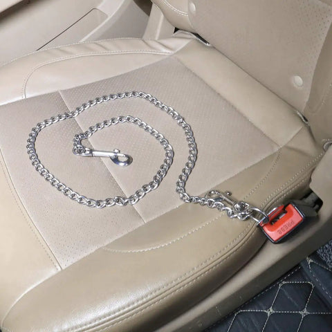 Badass Stainless Steel Dog Car Seatbelt No Chew Pet Safety Restraint Cable on car seat, heavy-duty and durable design.