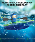 Dual RC Kayaks for Kids 6-12 with Magnetic Dolphin Nose shown floating in water, durable waterproof hull