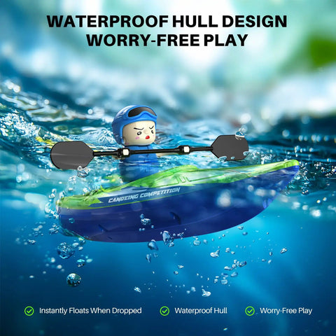 Dual RC Kayaks for Kids 6-12 with Magnetic Dolphin Nose shown floating in water, durable waterproof hull