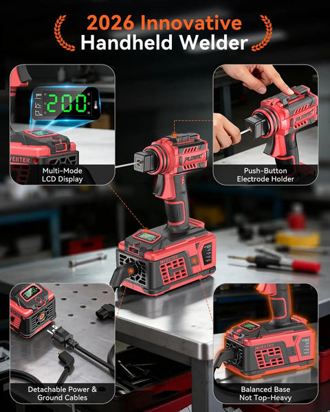 2026 Innovative Handheld Welder with multi-mode LCD display, push-button holder, and detachable cables for steel and iron welding.