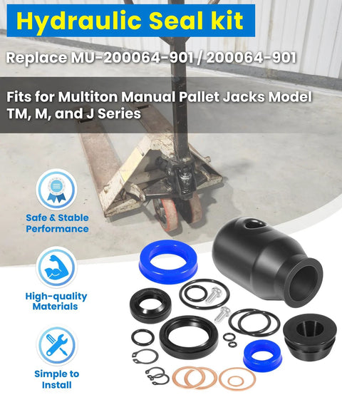 Universal Hydraulic Seal Kit For Manual Pallet Jacks TM M And J Series Replacement Set MU200064901 with seals and gaskets shown