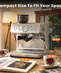 Heavy Duty Dual Boiler Espresso Machine With Built In Grinder And 20 Bar Pressure For Ridiculously Smooth Shots Featuring Pid Temp Control and 16.34 inch height on countertop.