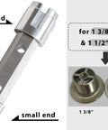 Tub Drain Remover Wrench Dual Ended Dumbbell Tool For Bath Drains Beefy Heavy Duty Aluminum Fits Most One And Three Eighths Inch And One And One Half Inch Drains featuring large and small ends with compatible drain sizes