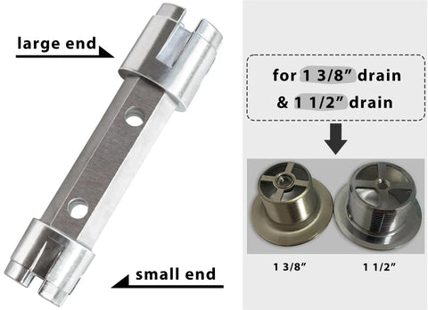 Tub Drain Remover Wrench Dual Ended Dumbbell Tool For Bath Drains Beefy Heavy Duty Aluminum Fits Most One And Three Eighths Inch And One And One Half Inch Drains featuring large and small ends with compatible drain sizes