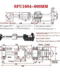 Ultra Low Backlash Ball Screw SFU1604 800mm Built To Last For CNC Machines With Smooth Rolling Friction And Bearing Steel Construction For Precision Linear Motion Now. Technical drawing of SFU1604 800mm ball screw with BF12 support and motor seat.