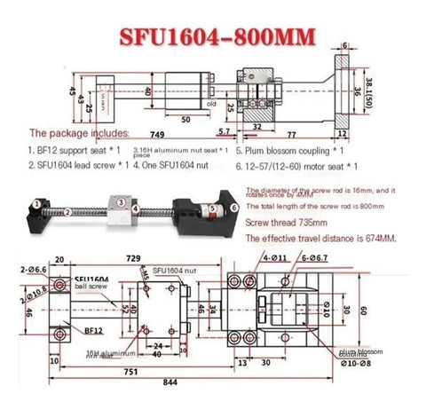 Ultra Low Backlash Ball Screw SFU1604 800mm Built To Last For CNC Machines With Smooth Rolling Friction And Bearing Steel Construction For Precision Linear Motion Now. Technical drawing of SFU1604 800mm ball screw with BF12 support and motor seat.